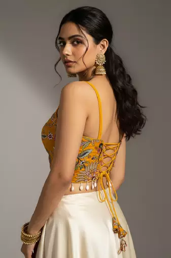 Yellow designer embroidery and sequence work spaghetti strap blouse