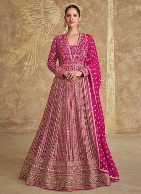 Pink embroidered georgette free size stitched anarkali suit 1