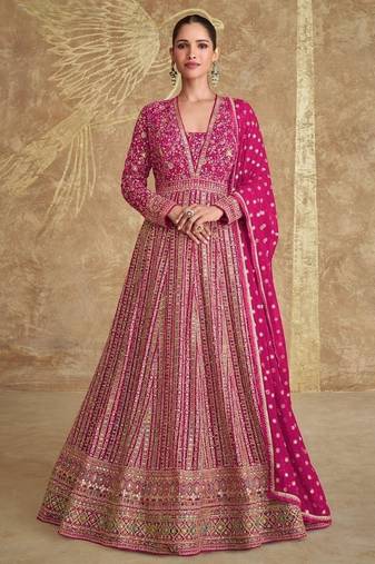 Pink embroidered georgette free size stitched anarkali suit