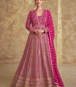 Pink embroidered georgette free size stitched anarkali suit