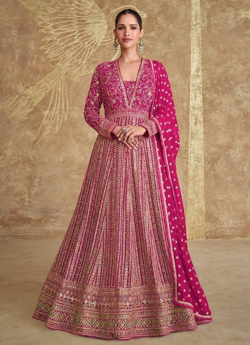 Pink embroidered georgette free size stitched anarkali suit