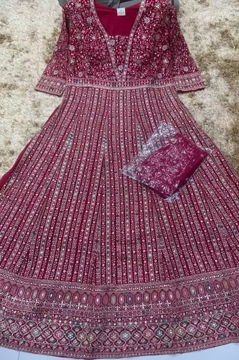 Pink embroidered georgette free size stitched anarkali suit