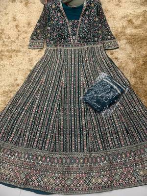 Green embroidered georgette free size stitched anarkali suit 1