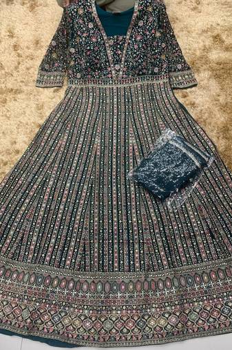 Green embroidered georgette free size stitched anarkali suit