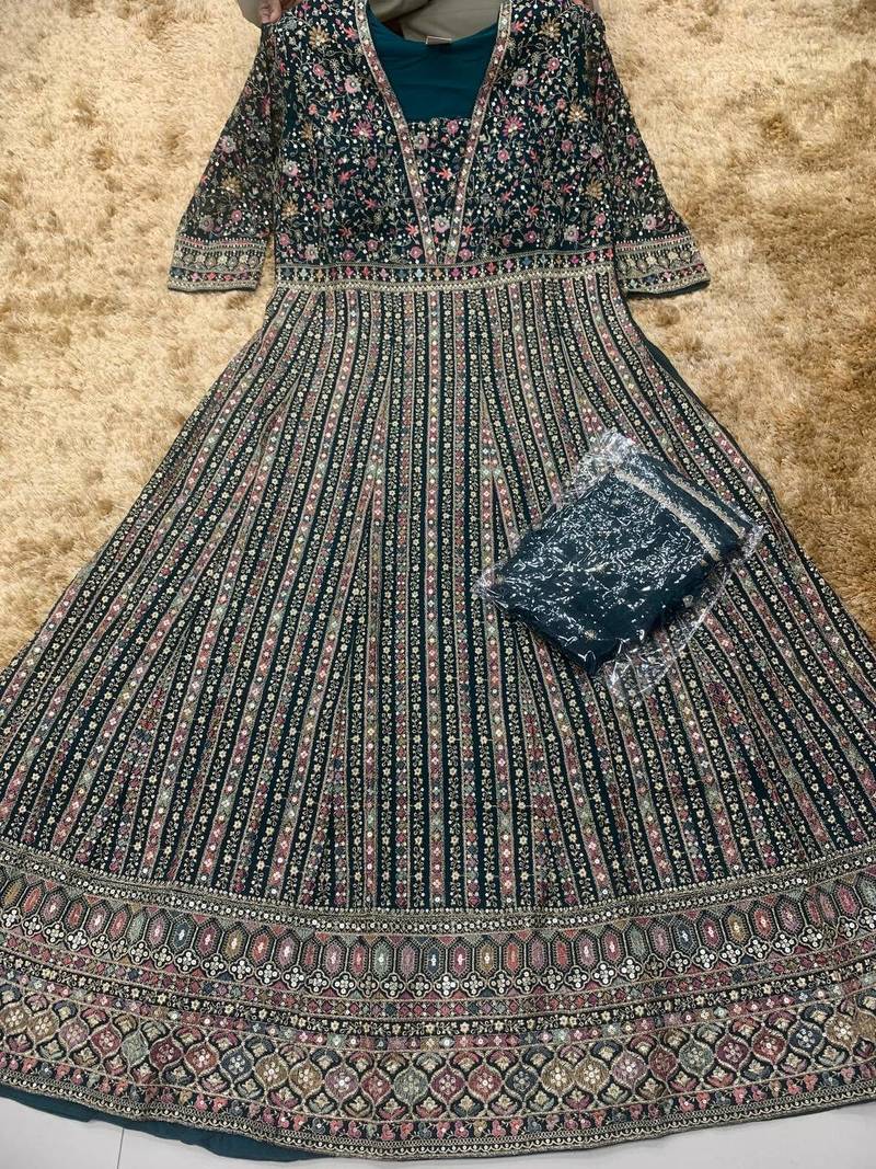 Green embroidered georgette free size stitched anarkali suit
