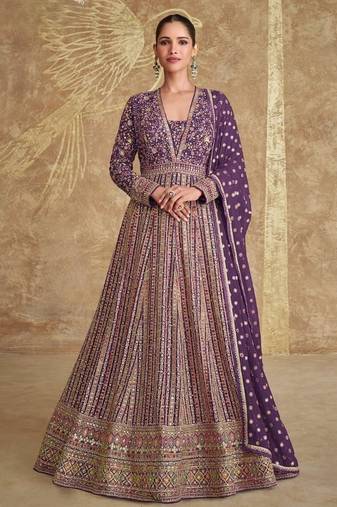 Purple embroidered georgette free size stitched anarkali suit