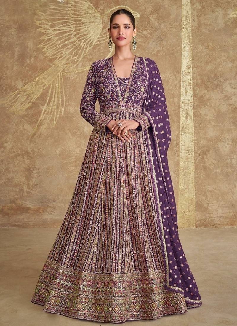 Purple embroidered georgette free size stitched anarkali suit