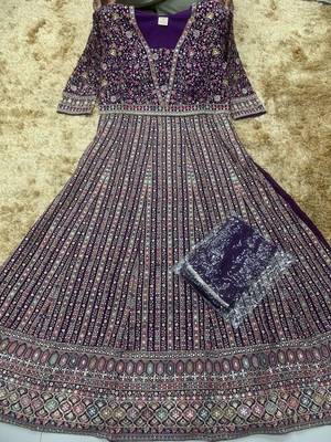Purple embroidered georgette free size stitched anarkali suit 2