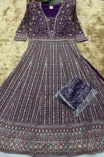 Purple embroidered georgette free size stitched anarkali suit
