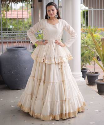 White Navratri Kora Cotton Blend Lehenga Choli Set with Peplum Top 1