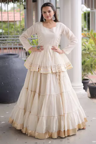 White Navratri Kora Cotton Blend Lehenga Choli Set with Peplum Top