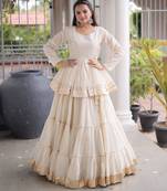 White Navratri Kora Cotton Blend Lehenga Choli Set with Peplum Top