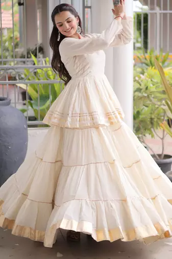 White Navratri Kora Cotton Blend Lehenga Choli Set with Peplum Top