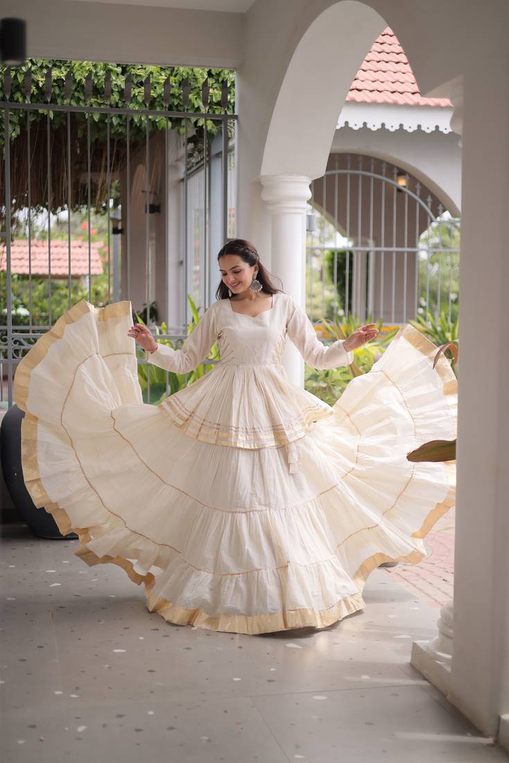 White Navratri Kora Cotton Blend Lehenga Choli Set with Peplum Top