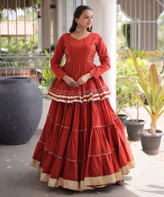 Rust Navratri Kora Cotton Blend Lehenga Choli Set with Peplum Top 1
