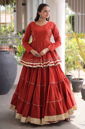 Rust Navratri Kora Cotton Blend Lehenga Choli Set with Peplum Top