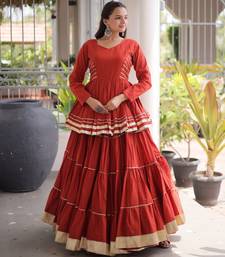 Rust Navratri Kora Cotton Blend Lehenga Choli Set with Peplum Top