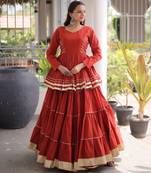 Rust Navratri Kora Cotton Blend Lehenga Choli Set with Peplum Top