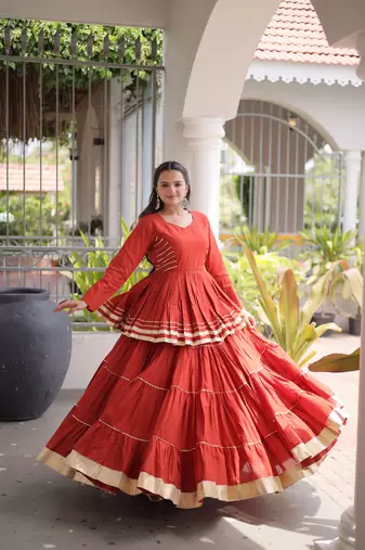 Rust Navratri Kora Cotton Blend Lehenga Choli Set with Peplum Top
