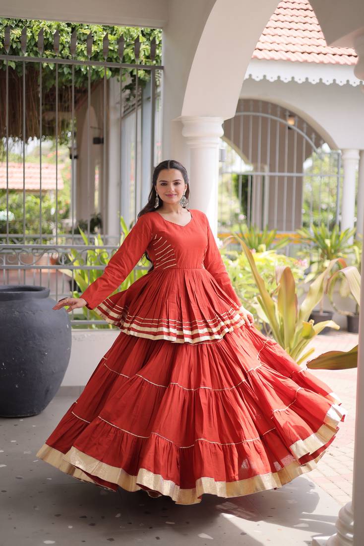 Rust Navratri Kora Cotton Blend Lehenga Choli Set with Peplum Top