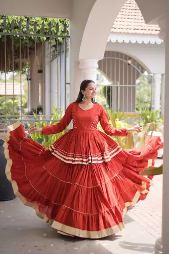 Rust Navratri Kora Cotton Blend Lehenga Choli Set with Peplum Top
