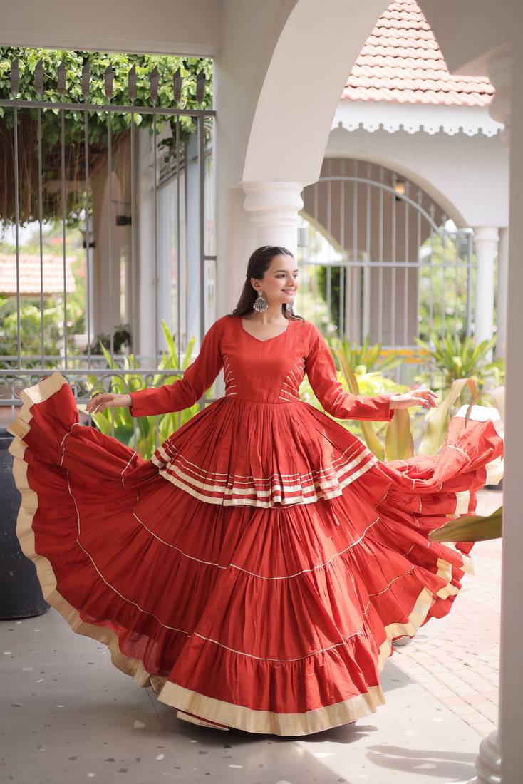 Rust Navratri Kora Cotton Blend Lehenga Choli Set with Peplum Top