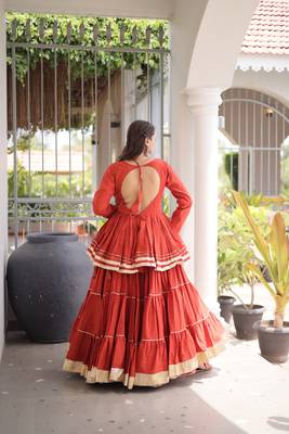 Rust Navratri Kora Cotton Blend Lehenga Choli Set with Peplum Top 4