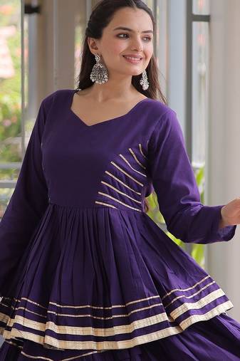 Purple Navratri Kora Cotton Blend Lehenga Choli Set with Peplum Top