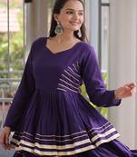 Purple Navratri Kora Cotton Blend Lehenga Choli Set with Peplum Top