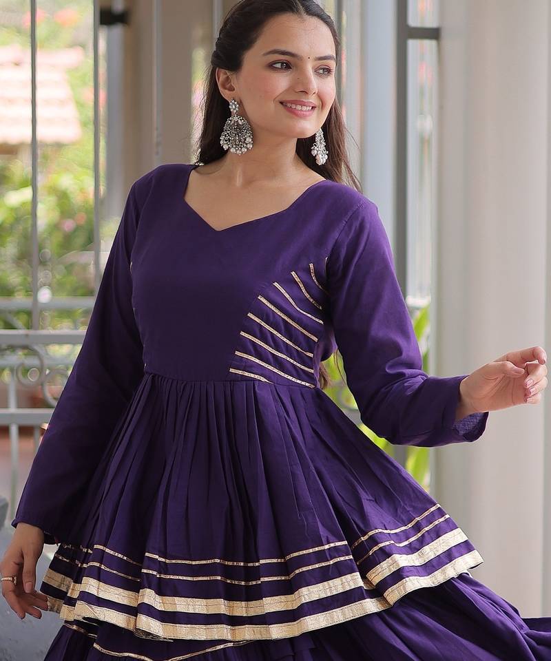 Purple Navratri Kora Cotton Blend Lehenga Choli Set with Peplum Top