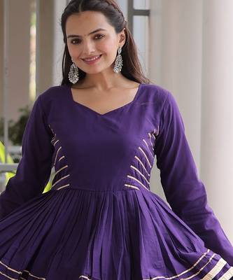 Purple Navratri Kora Cotton Blend Lehenga Choli Set with Peplum Top 2