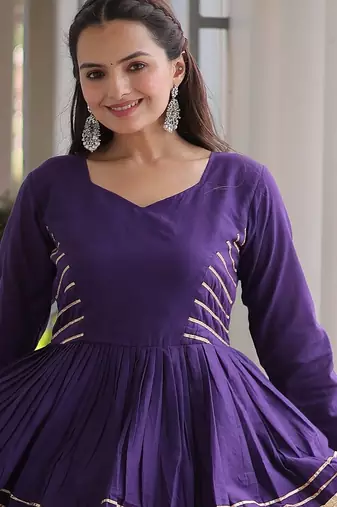Purple Navratri Kora Cotton Blend Lehenga Choli Set with Peplum Top