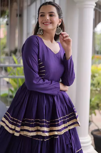 Purple Navratri Kora Cotton Blend Lehenga Choli Set with Peplum Top