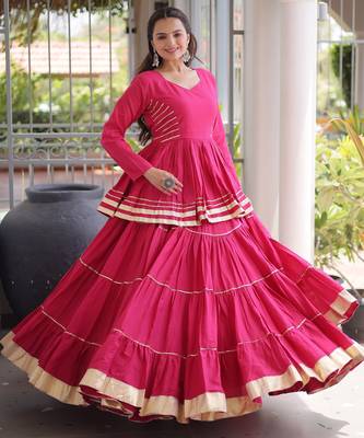 Pink Navratri Kora Cotton Blend Lehenga Choli Set with Peplum Top 1