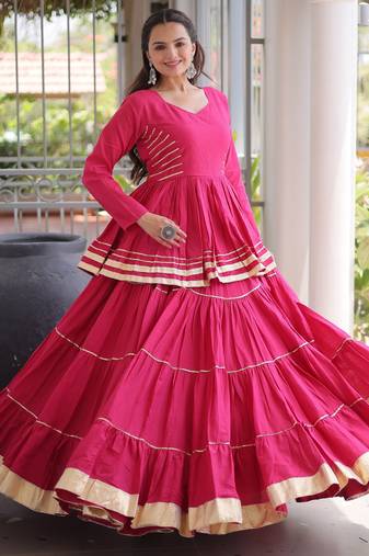 Pink Navratri Kora Cotton Blend Lehenga Choli Set with Peplum Top