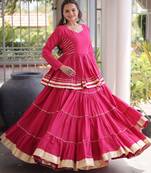 Pink Navratri Kora Cotton Blend Lehenga Choli Set with Peplum Top