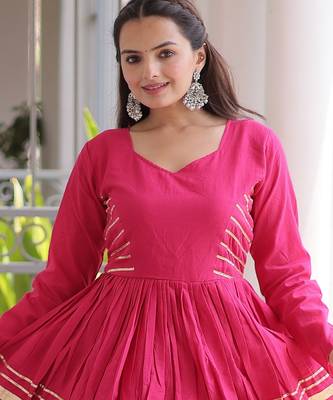 Pink Navratri Kora Cotton Blend Lehenga Choli Set with Peplum Top 2