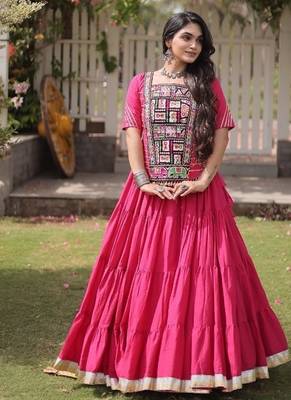 Pink Kora Cotton Blend Navratri Lehenga Choli Set 1