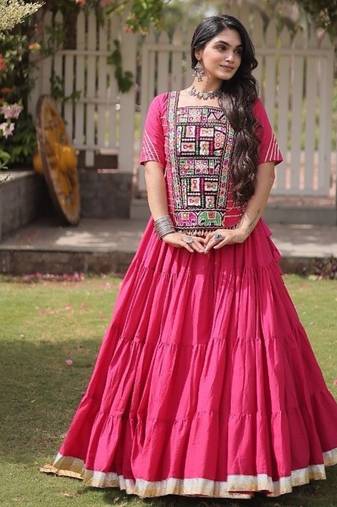 Pink Kora Cotton Blend Navratri Lehenga Choli Set
