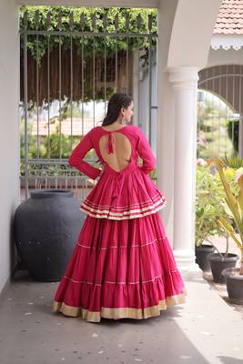 Pink Navratri Kora Cotton Blend Lehenga Choli Set with Peplum Top 3