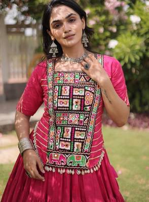 Pink Kora Cotton Blend Navratri Lehenga Choli Set 3