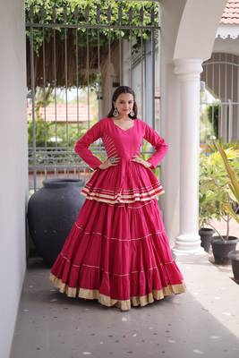 Pink Navratri Kora Cotton Blend Lehenga Choli Set with Peplum Top 4