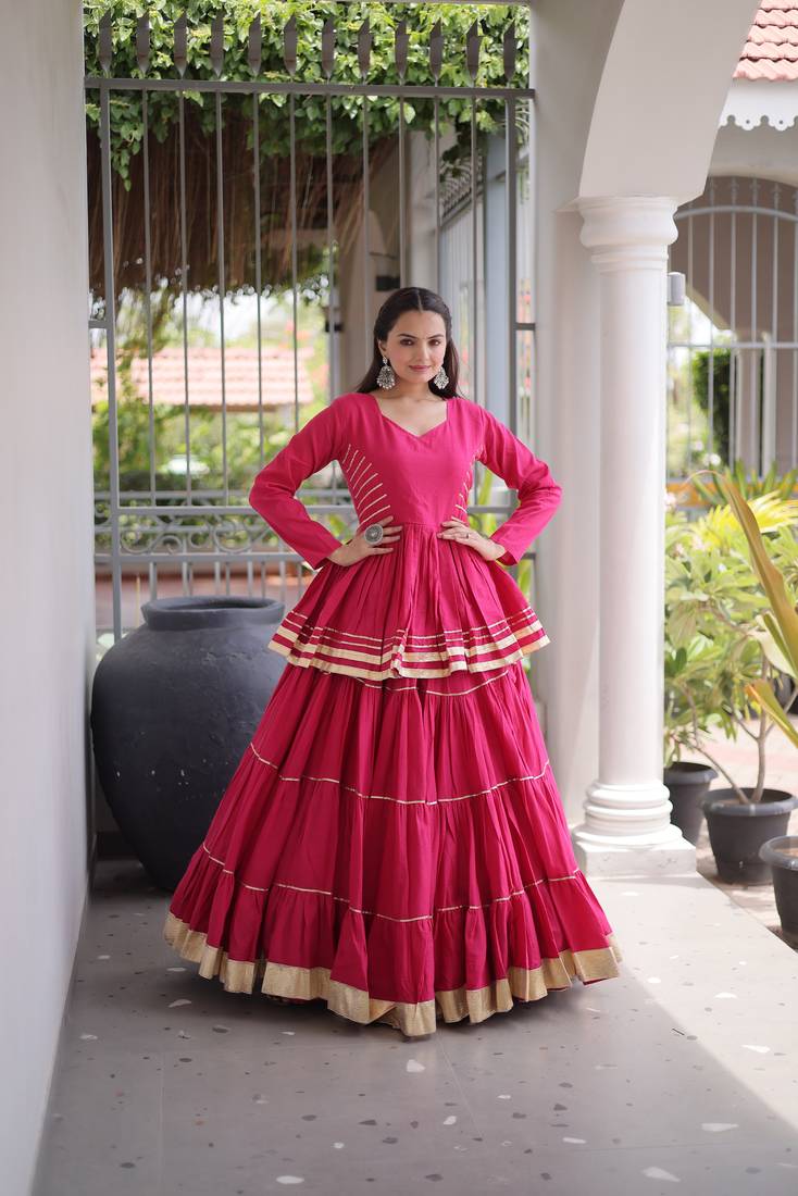 Pink Navratri Kora Cotton Blend Lehenga Choli Set with Peplum Top