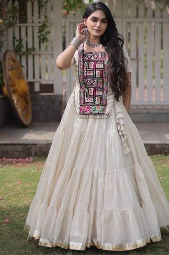 Off White Kora Cotton Blend Navratri Lehenga Choli Set