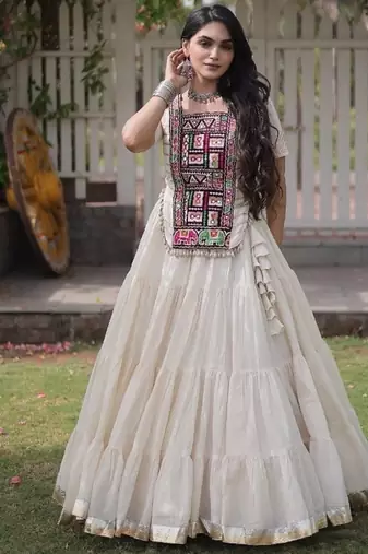 Off White Kora Cotton Blend Navratri Lehenga Choli Set