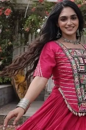 Pink Kora Cotton Blend Navratri Lehenga Choli Set