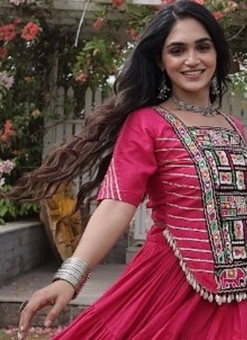Pink Kora Cotton Blend Navratri Lehenga Choli Set