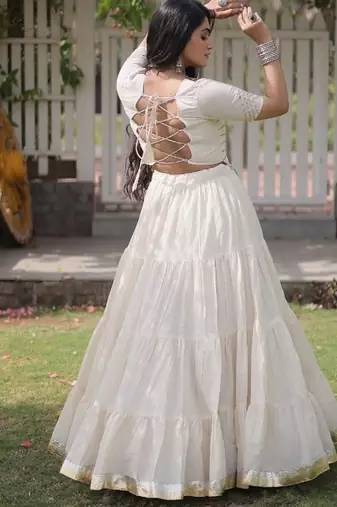 Off White Kora Cotton Blend Navratri Lehenga Choli Set