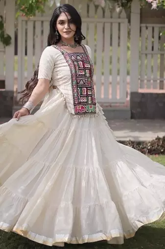 Off White Kora Cotton Blend Navratri Lehenga Choli Set