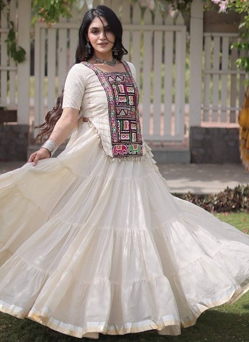Off White Kora Cotton Blend Navratri Lehenga Choli Set
